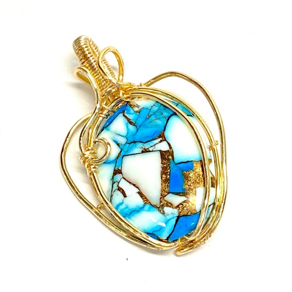 HANDCRAFTED Blue Dahlia Cabochon Hand Wrapped Pendant, Artisan Jewelry Gift Her - Picture 7 of 9